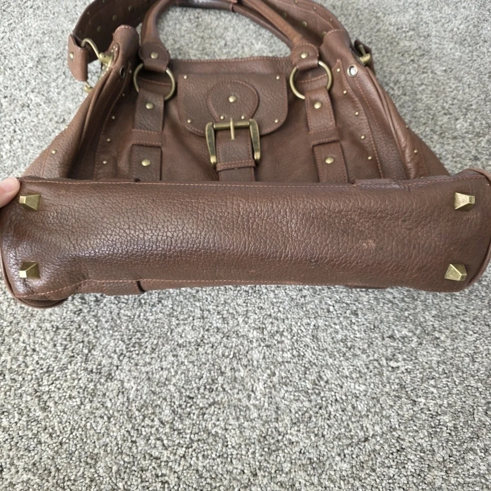 Betsey Johnson VTG Y2K Heavy Brown Leather Studded Tote Handbag Charms Large